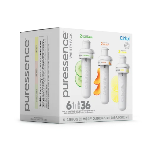 Natural Fruit Flavored Puressence 6-Pack Variety Pack 3T3F - Zero-Calorie Multi-Flavor Sip Pods for Water Bottle Detail